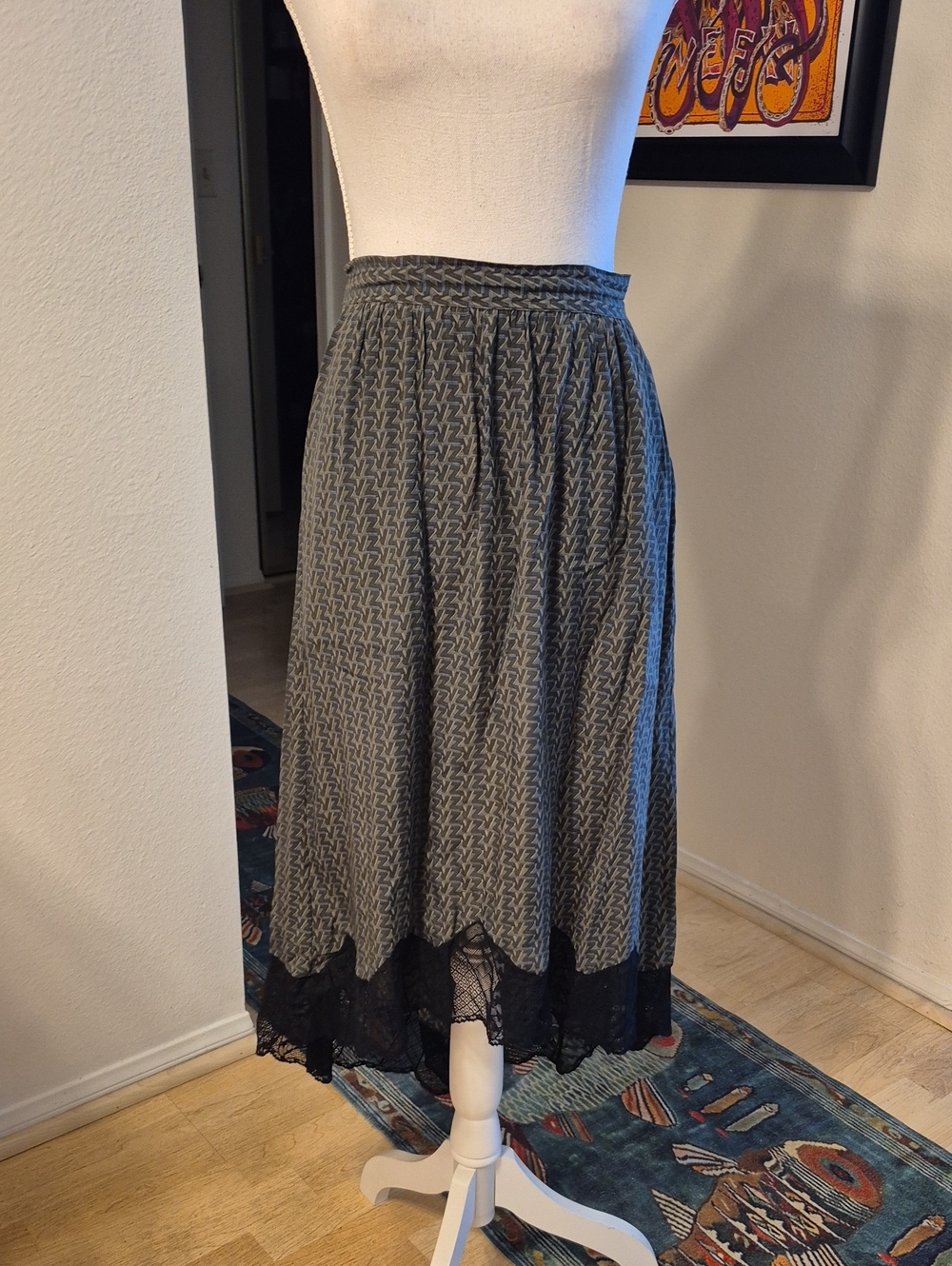 Zadig & Voltaire Gree & Black Lace High Low Midi Maxi Skirt Elastic Waistband